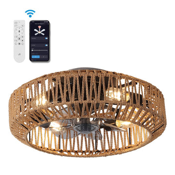 Rowan 19.5" 4-Light Modern Bohemian 6-Speed Metal/Rattan Mobile-App/Remote-Controlled Lantern LED Ceiling Fan - JONATHAN Y
